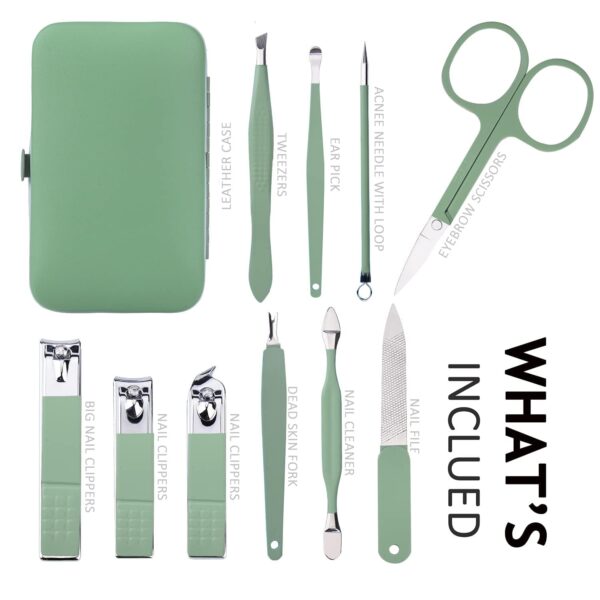 Manicure Set 10 in 1 Stainless Steel, Nail Clippers Scissors Pedicure Tools Kit - Portable Travel Grooming Kit for Men and Women with Leather Case (Jade Green) - Image 2