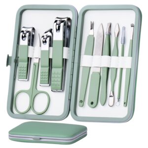 Manicure Set 10 in 1 Stainless Steel, Nail Clippers Scissors Pedicure Tools Kit – Portable Travel Grooming Kit for Men and Women with Leather Case (Jade Green)