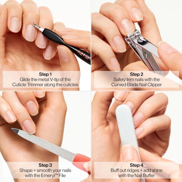 Revlon Manicure Essentials Kit with Travel Case, Nail Care Set with Dual Ended Cuticle Trimmer, Curved Blade Clippers, Compact Emeryl File & Buffer (Pack of 1) - Image 4