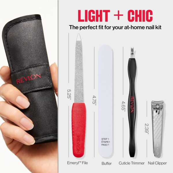 Revlon Manicure Essentials Kit with Travel Case, Nail Care Set with Dual Ended Cuticle Trimmer, Curved Blade Clippers, Compact Emeryl File & Buffer (Pack of 1) - Image 6