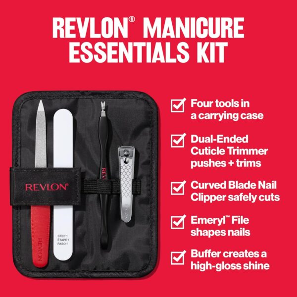 Revlon Manicure Essentials Kit with Travel Case, Nail Care Set with Dual Ended Cuticle Trimmer, Curved Blade Clippers, Compact Emeryl File & Buffer (Pack of 1) - Image 3