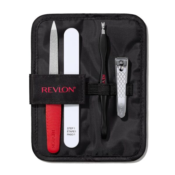 Revlon Manicure Essentials Kit with Travel Case, Nail Care Set with Dual Ended Cuticle Trimmer, Curved Blade Clippers, Compact Emeryl File & Buffer (Pack of 1) - Image 2