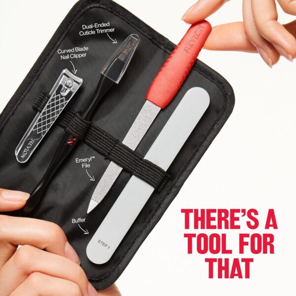 Revlon Manicure Essentials Kit with Travel Case, Nail Care Set with Dual Ended Cuticle Trimmer, Curved Blade Clippers, Compact Emeryl File & Buffer (Pack of 1) - Image 5